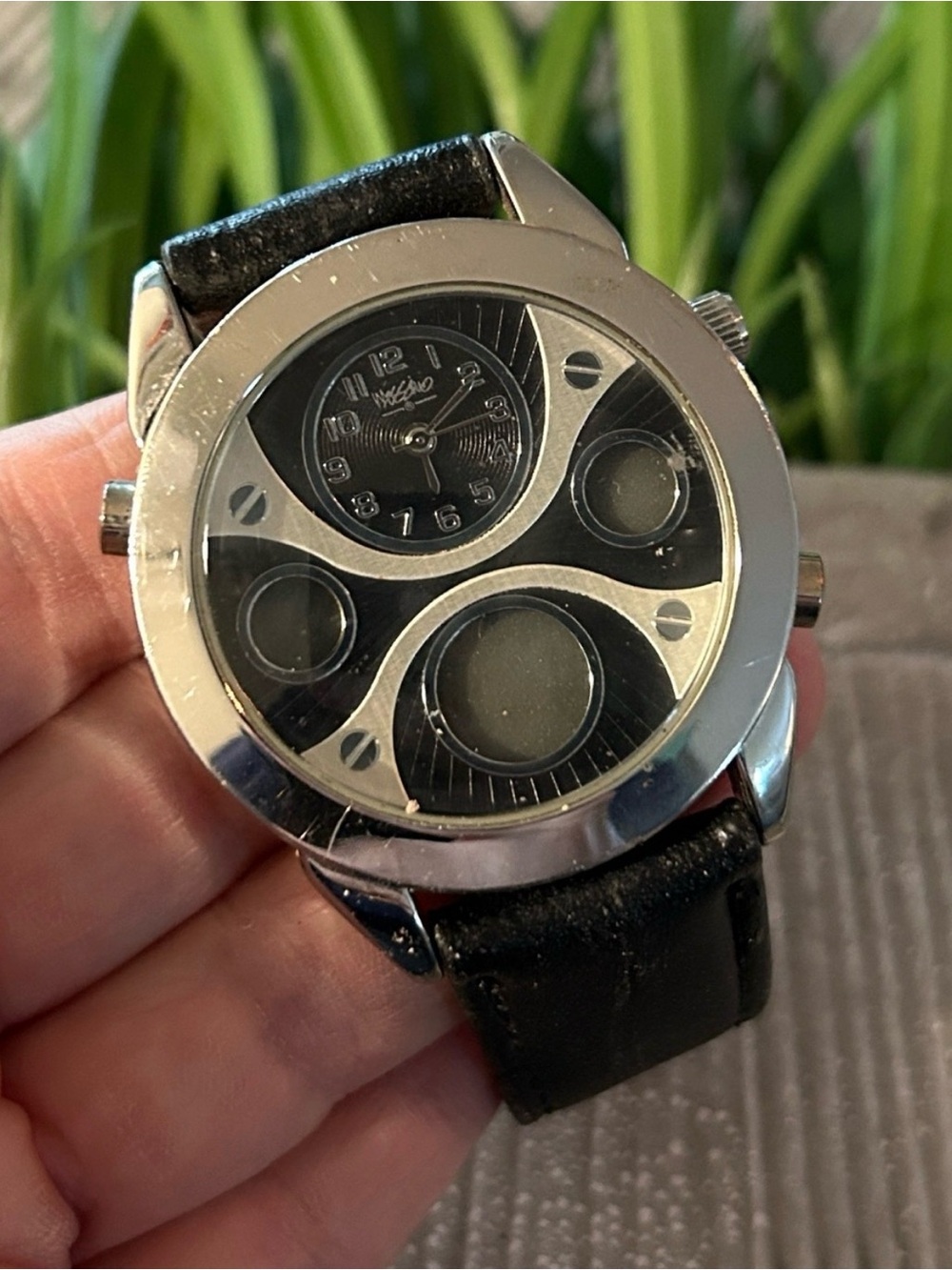 Massimo analog watch silver bezel black face and strap: with flaws “as is”
